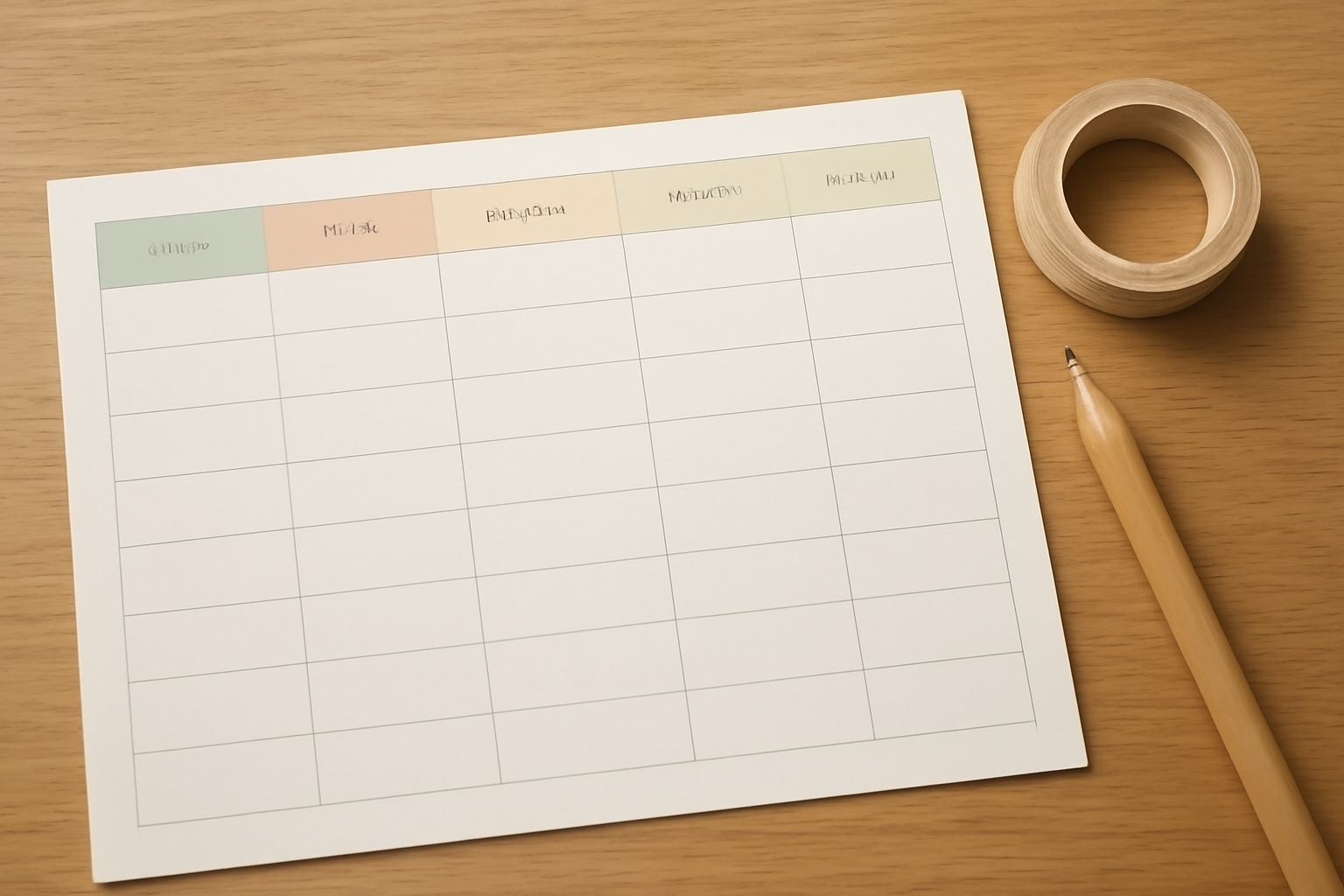 A printed weekly planner page with pastel header bars on a wooden desk