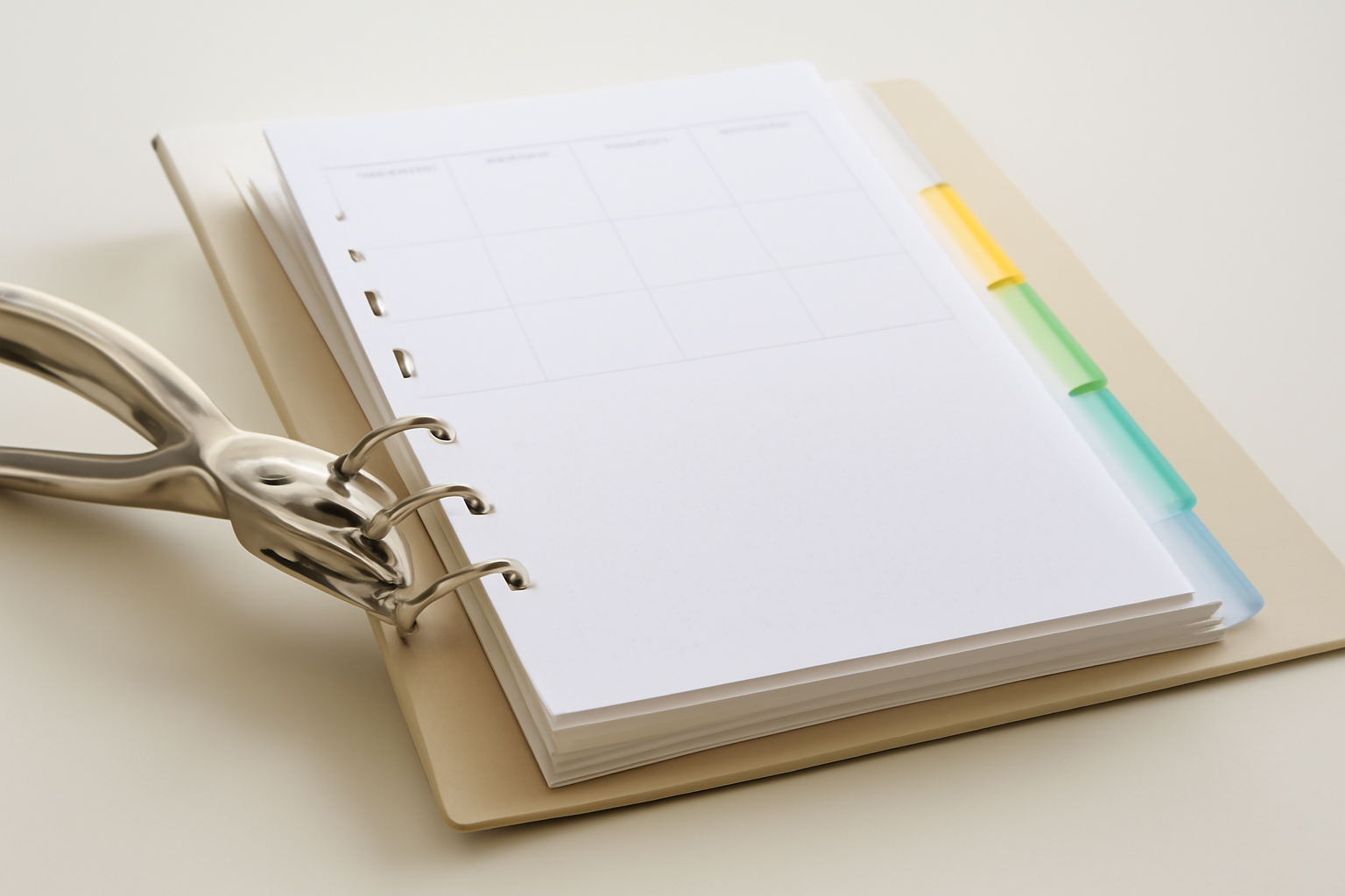Printed planner pages stacked and being hole-punched for a binder with tab dividers