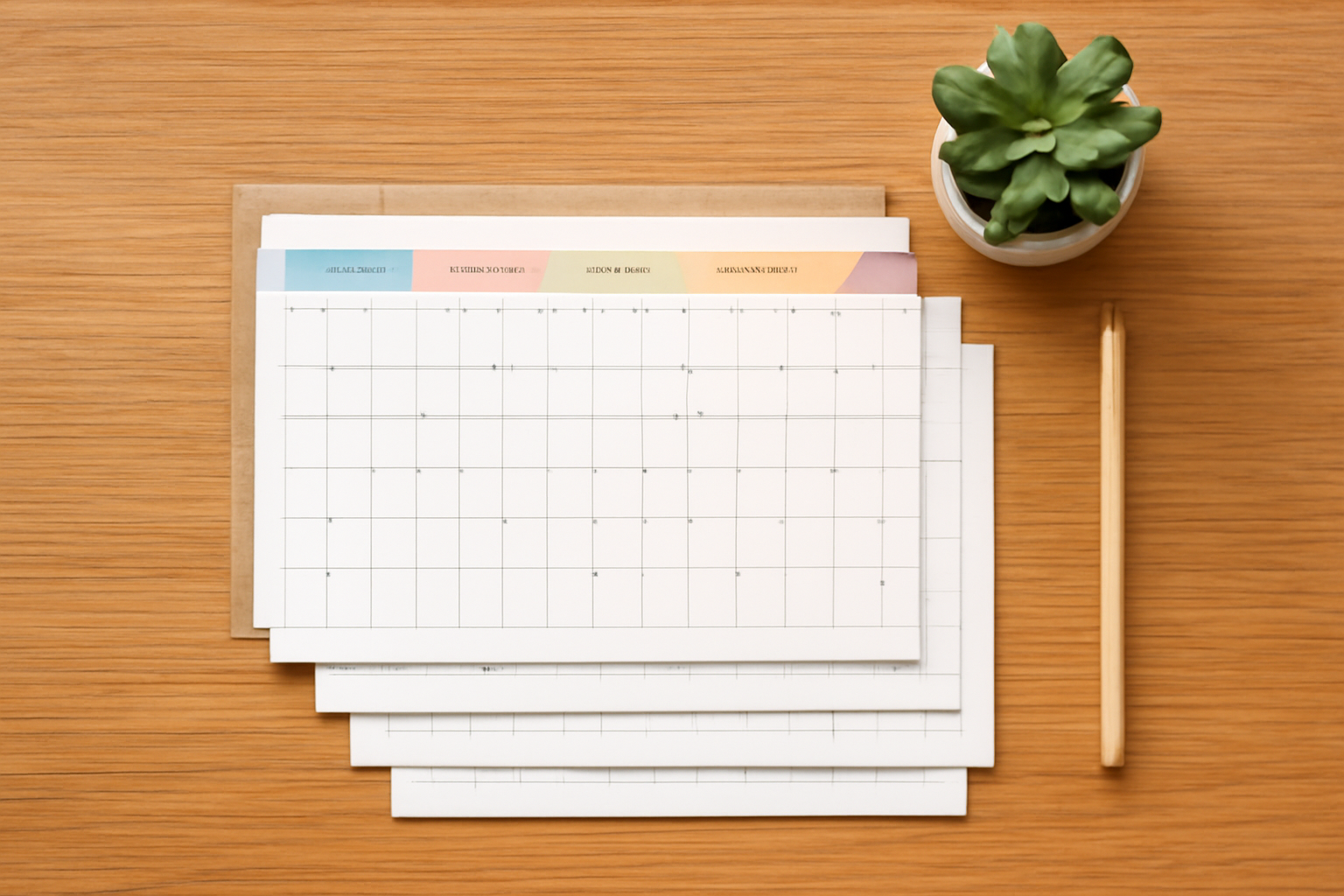 A stack of printable monthly calendar pages with pastel header bars on a wooden desk