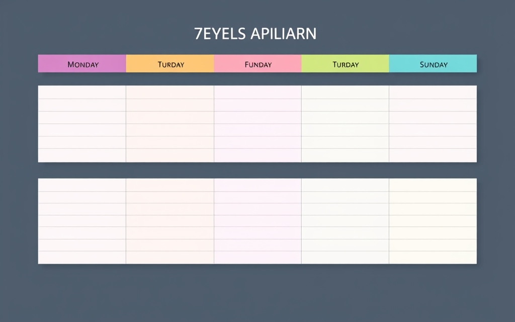 A weekly schedule planner layout with seven day columns and a colorful header