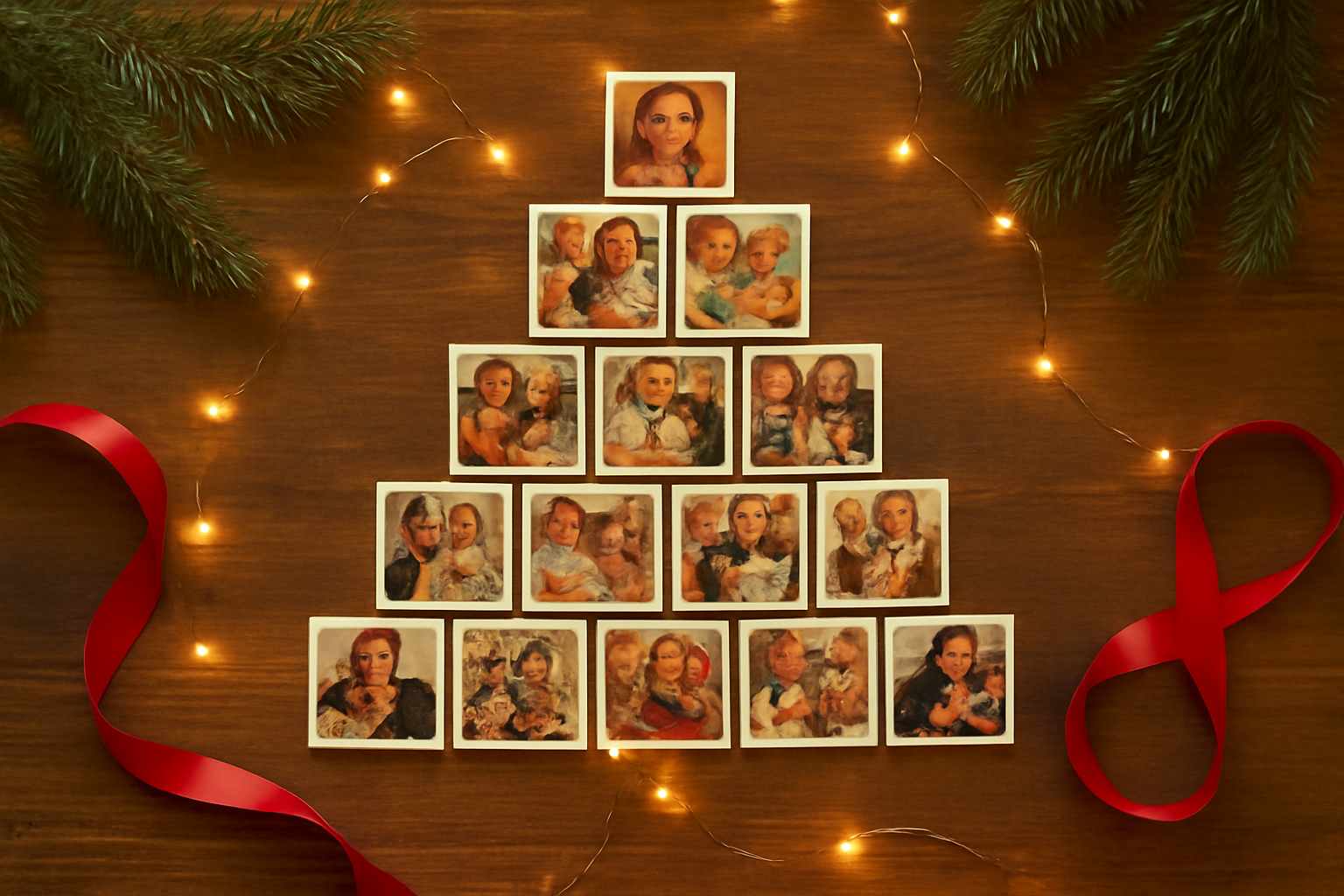 A Christmas tree built from small family photo prints on a wooden table with pine branches and fairy lights