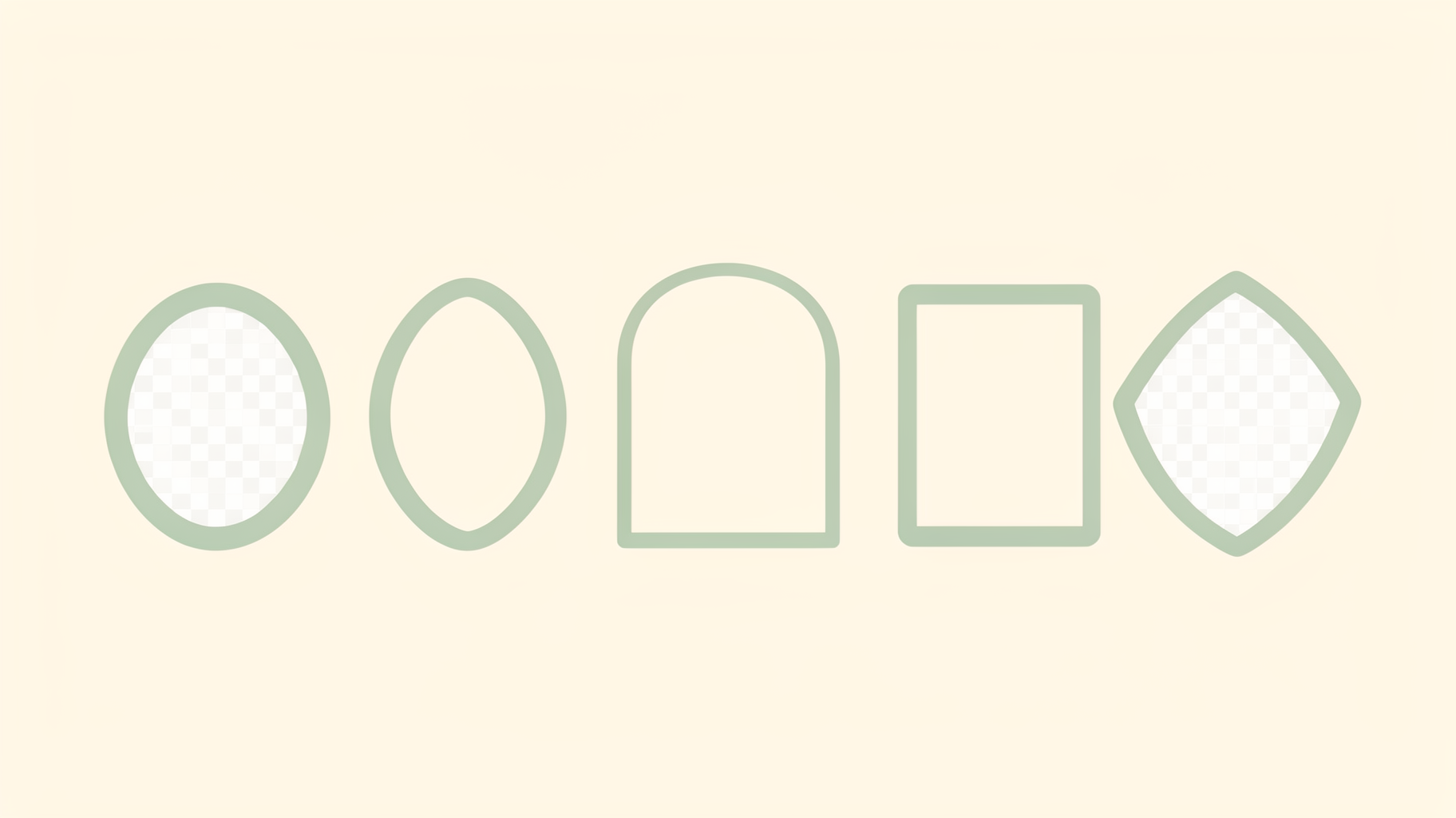 A row of empty photo frame shapes: circle, oval, arch, rounded square and leaf