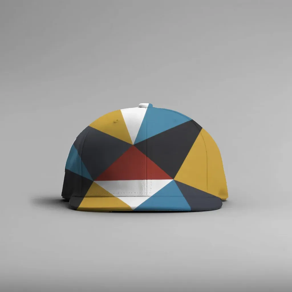 MockupPress render: multicolor triangle pattern on a white baseball cap