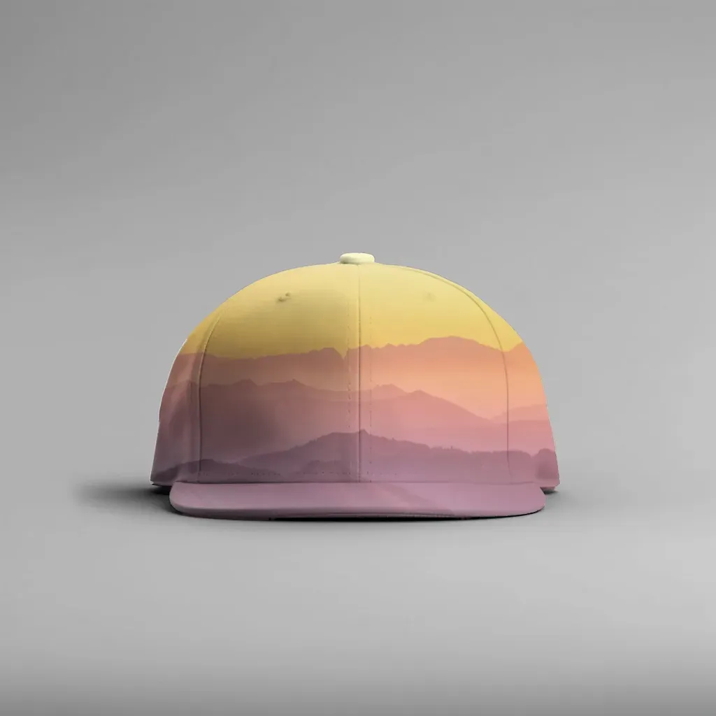 MockupPress render: layered mountain landscape design on a white baseball cap