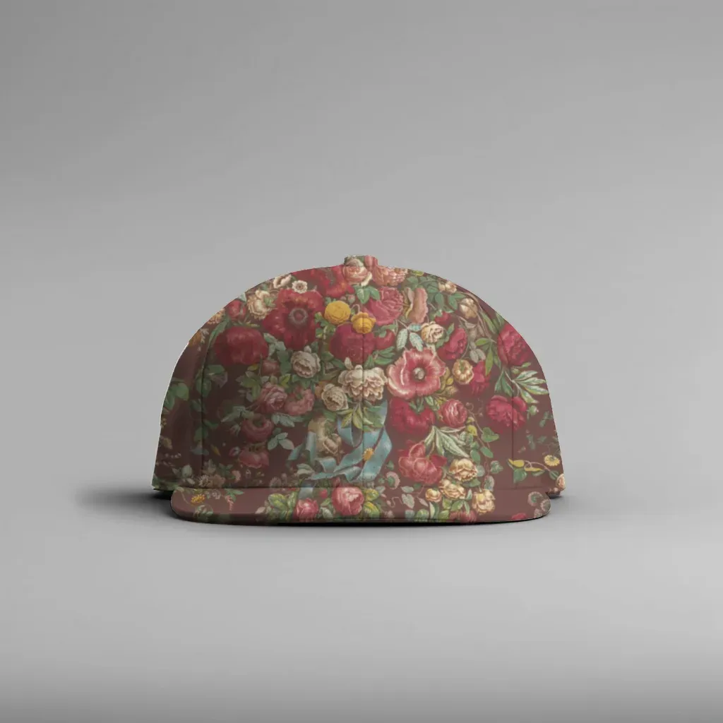 MockupPress render: dense rose pattern on a white baseball cap