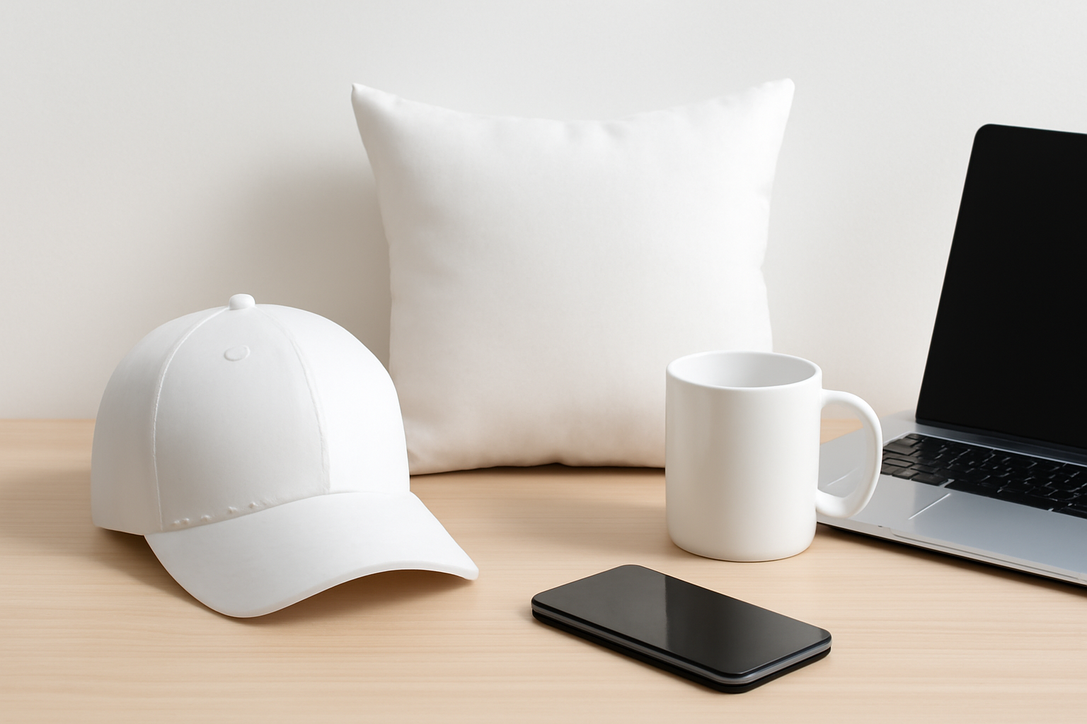 A plain white cap, throw pillow and mug on a desk, the kind of blank product photo you can start a mockup from