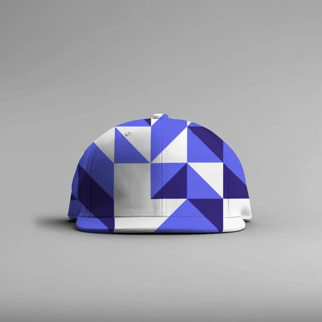 MockupPress render: blue geometric triangle design on a white baseball cap