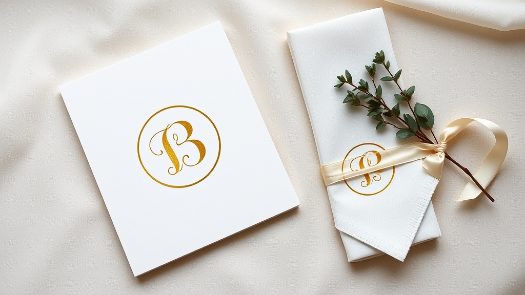 Wedding stationery with a gold circle monogram on a card and an embossed napkin