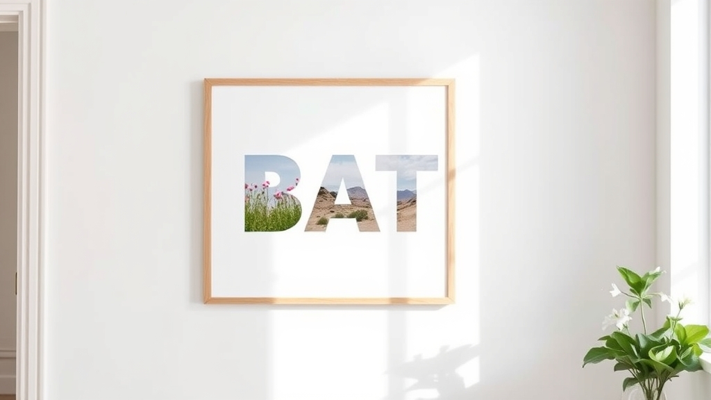 Framed art print showing three capital letters, each filled with a different landscape photograph