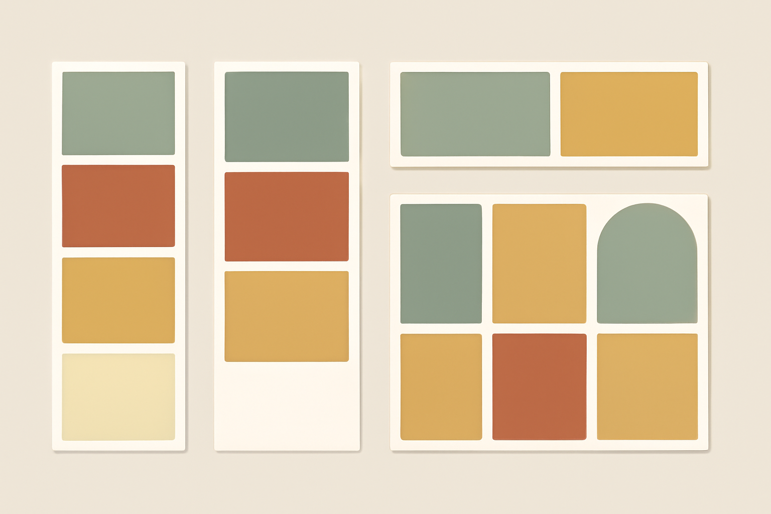 Four photo strip layout variations: classic four-cell, three-cell with caption bar, horizontal, and arch-topped
