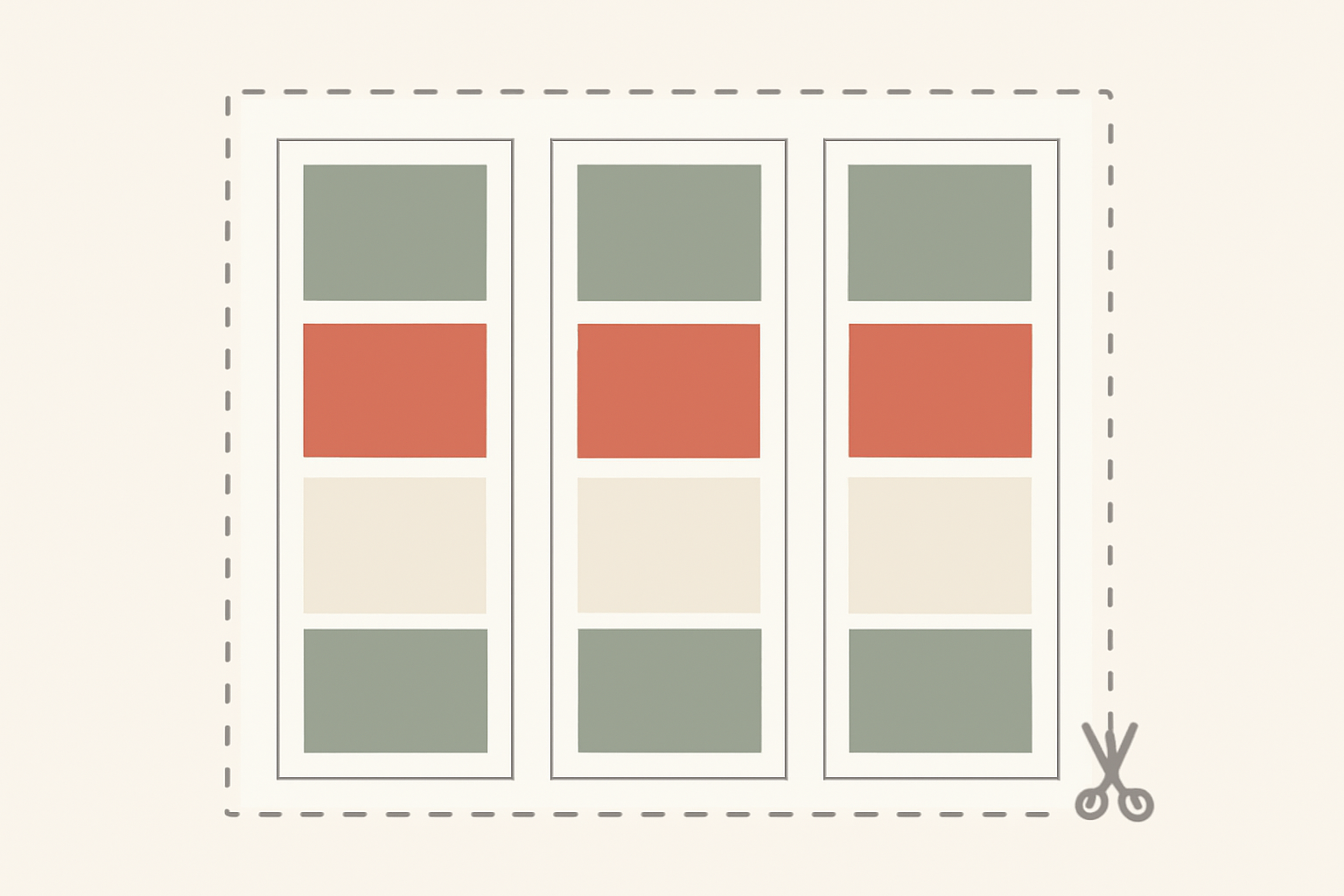 A 4x6 print sheet with three photo strips laid out side by side and dashed cut lines