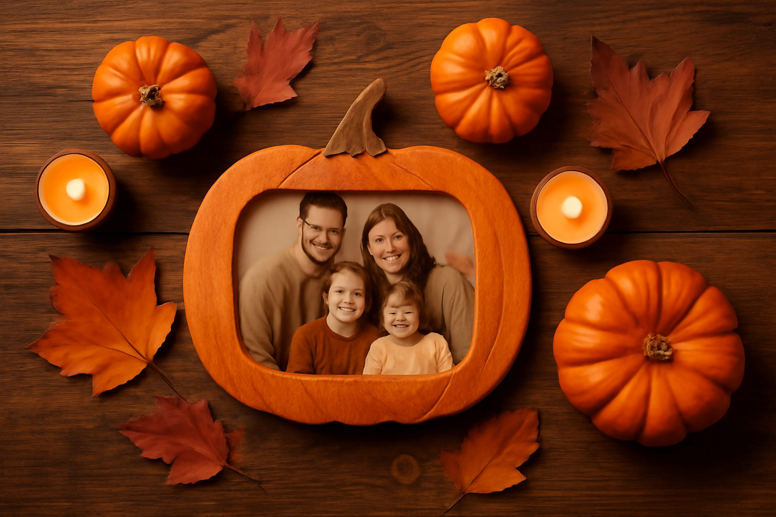 A pumpkin-shaped photo frame holding a family portrait, surrounded by small pumpkins, leaves and candles