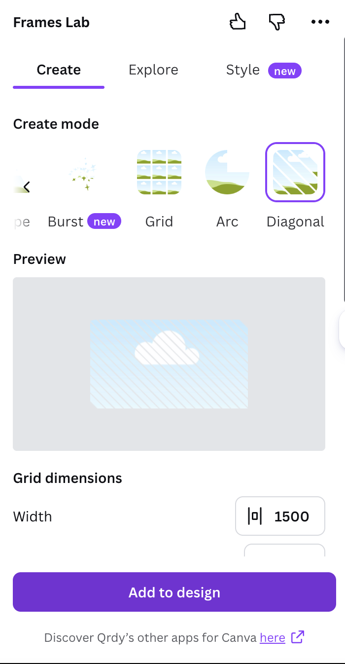 Frames Lab Diagonal mode controls