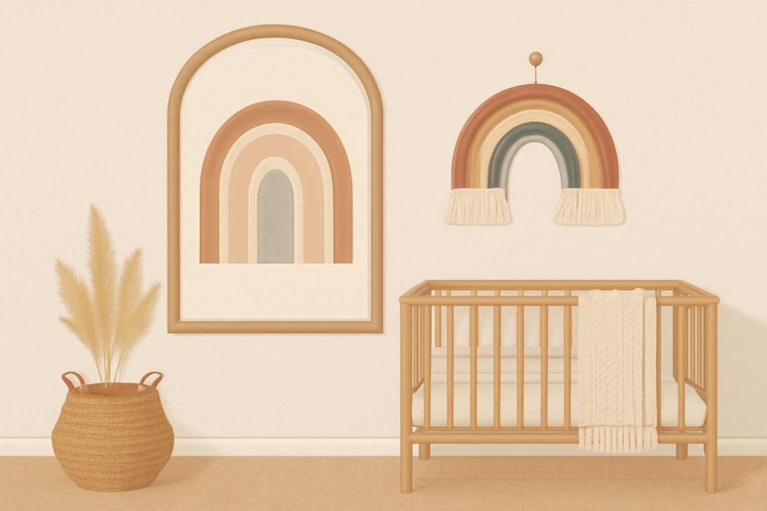 Boho nursery wall with an arch frame and a rainbow arc