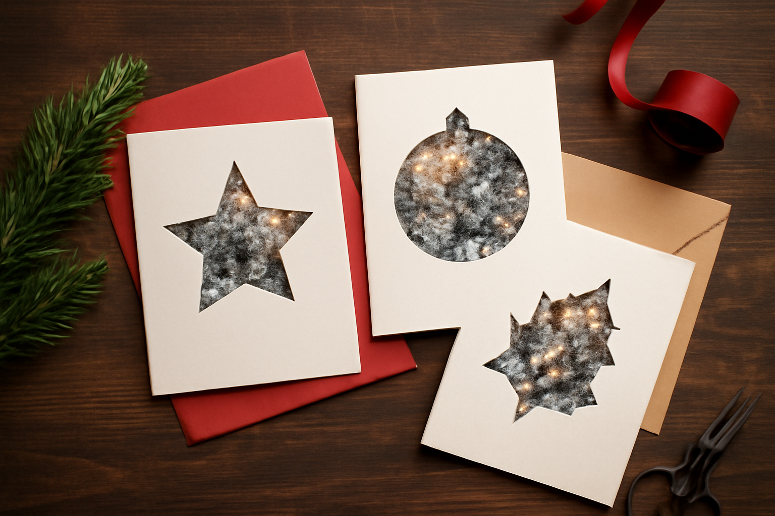 Three finished photo Christmas cards on a wood table, with star, ornament, and holly-leaf shaped photo windows, next to red and gold envelopes and a sprig of pine