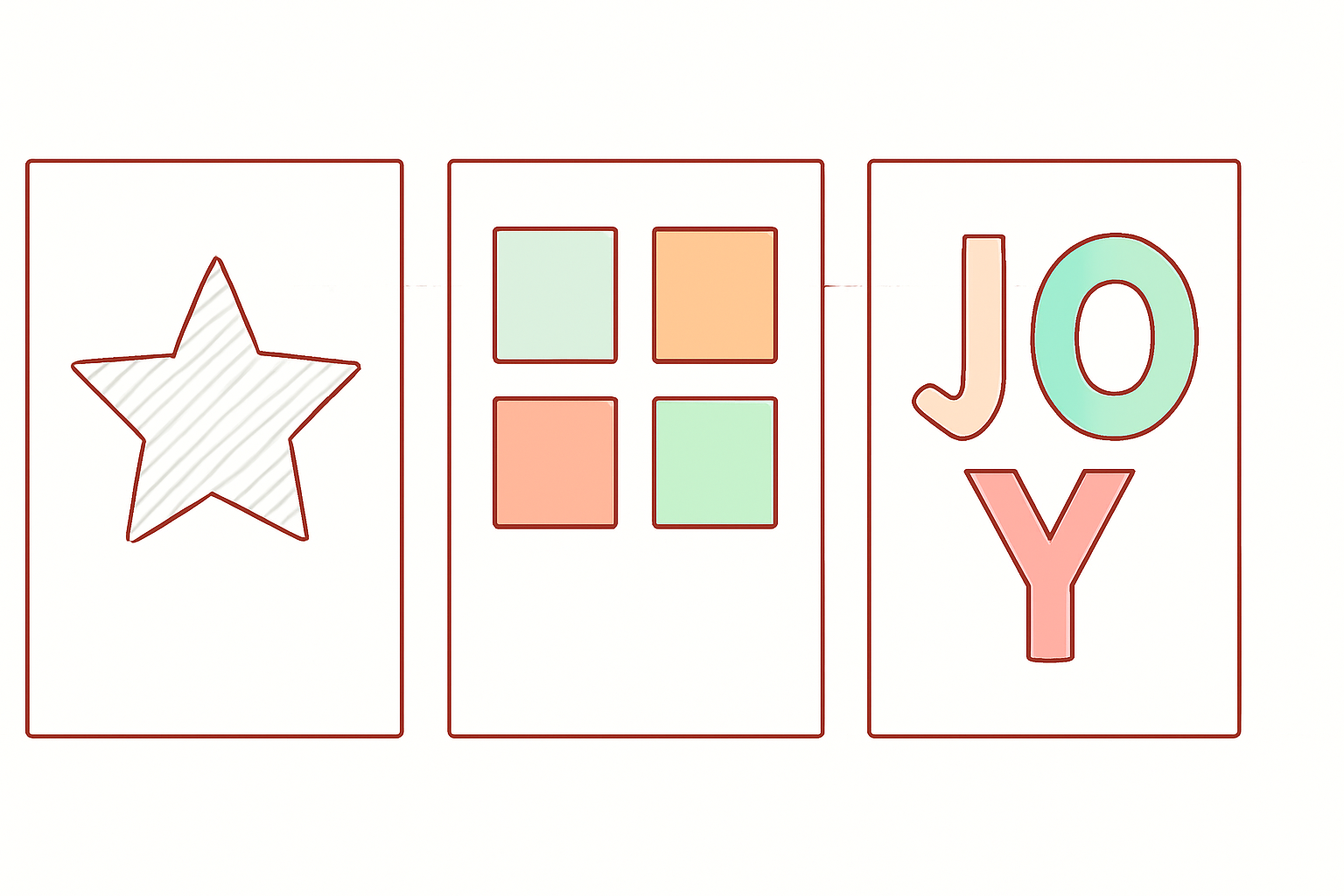 Diagram of three photo Christmas card layouts: a single star-shaped photo window, a 2x2 photo grid, and a card spelling JOY with a photo inside each letter