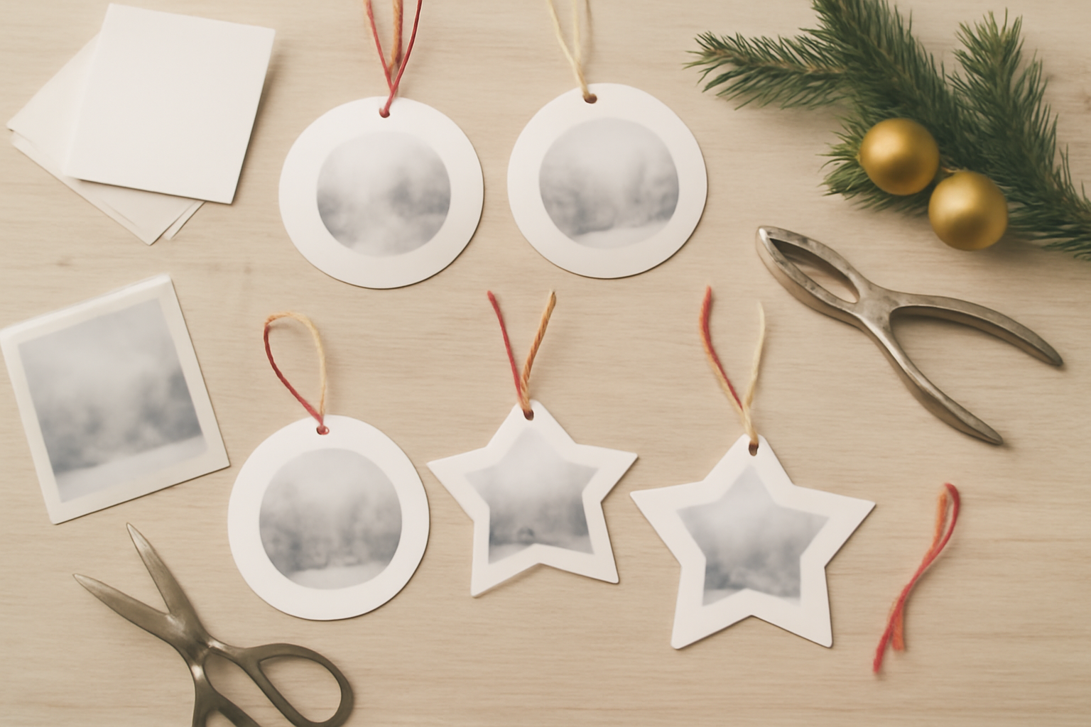 Finished printable photo ornaments in round and star shapes laid out with ribbon, scissors and cardstock
