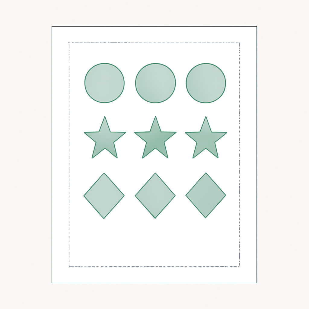 Flat diagram of a print sheet with a three-by-three grid of ornament shapes and dashed cut lines