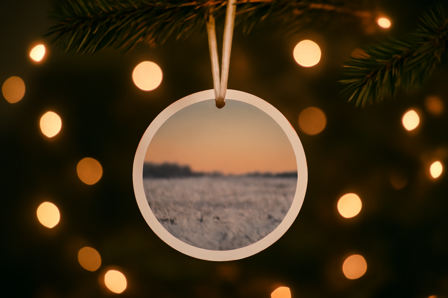 A single round photo ornament hanging from a pine branch with warm string lights blurred behind it