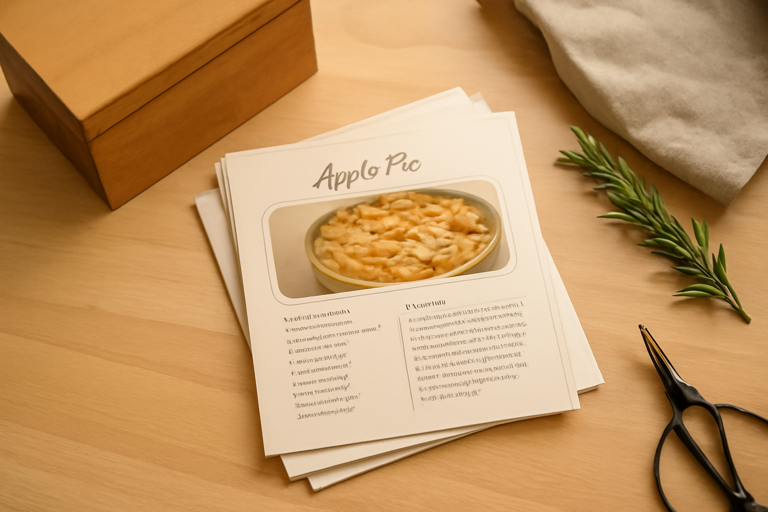Printed 4x6 recipe cards stacked beside a wooden recipe box on a kitchen counter