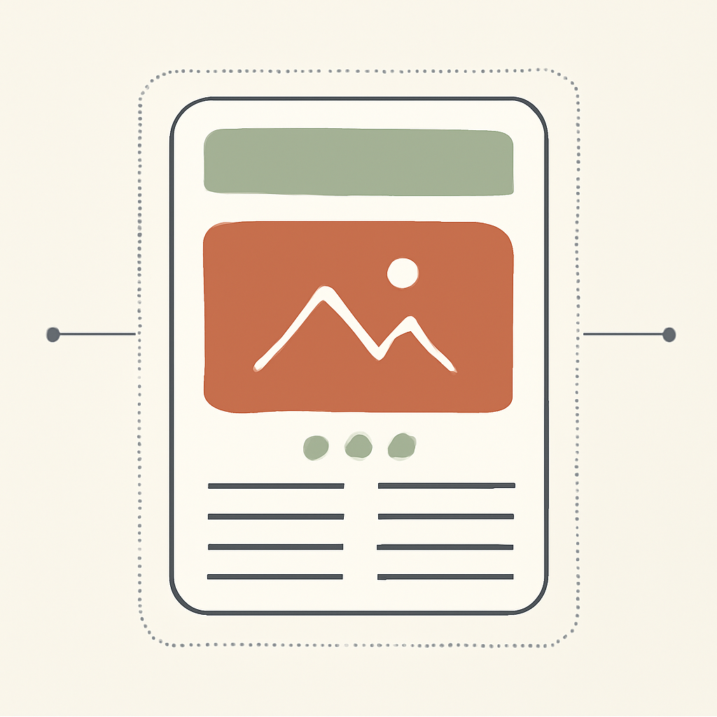 Wireframe of a recipe card layout showing title bar, photo block, detail row and two text columns