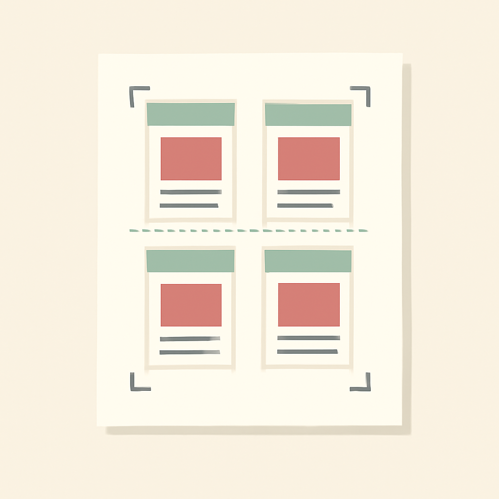 Four small cards laid out two by two on a single sheet with corner marks and dashed cut lines