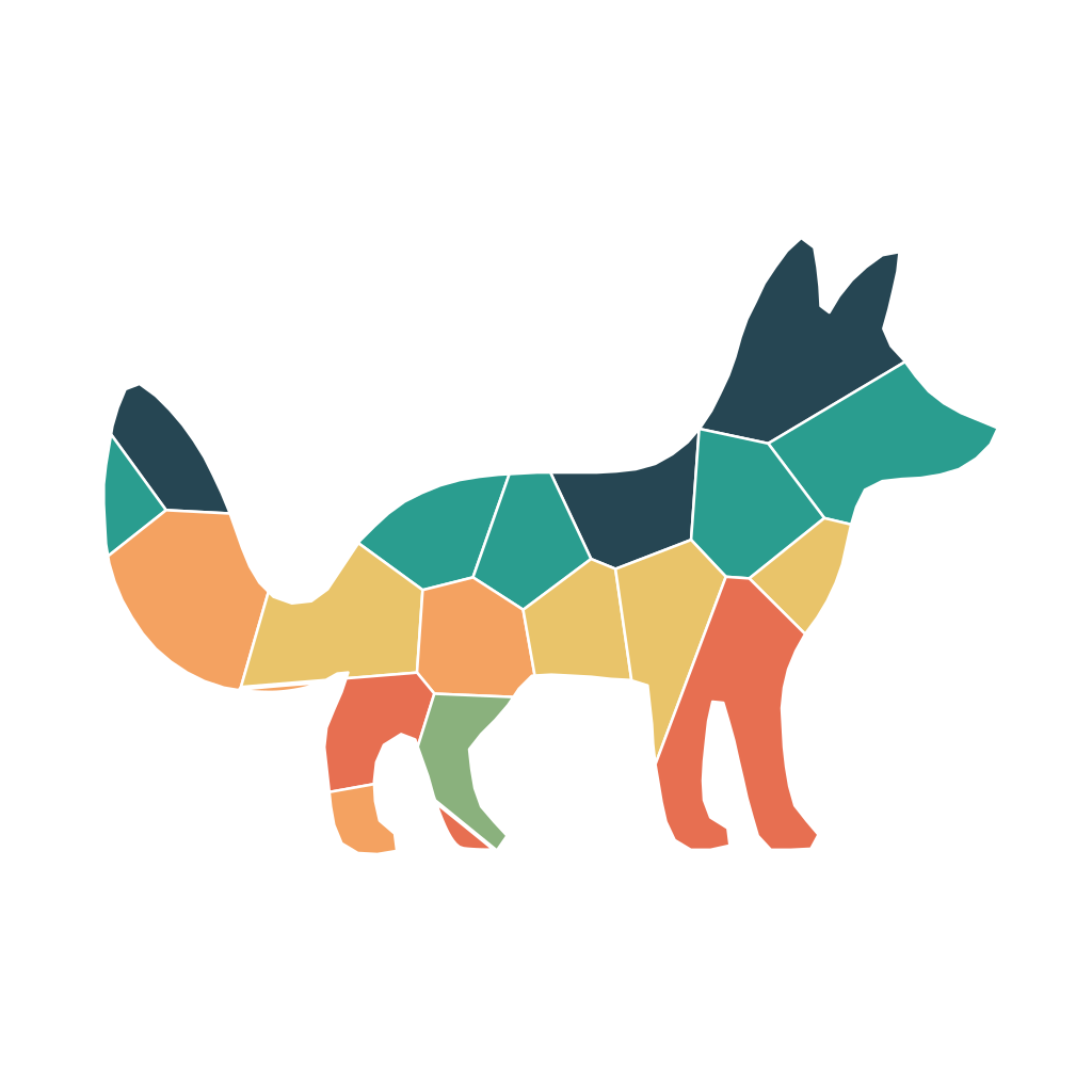 The same fox silhouette split into 20 coloured mosaic pieces in a forest palette with white borders