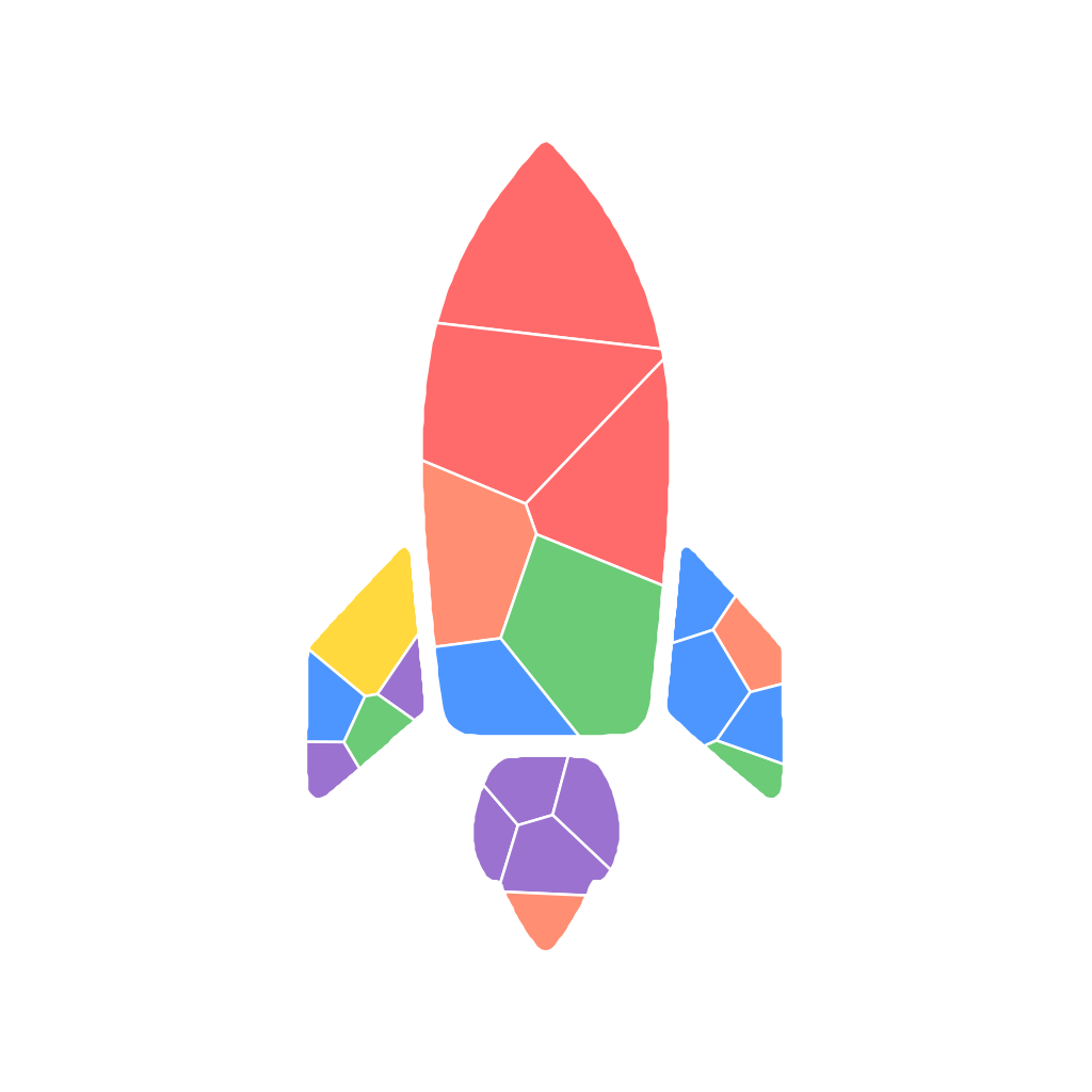 A rocket silhouette split into 21 coloured mosaic pieces in a vibrant palette