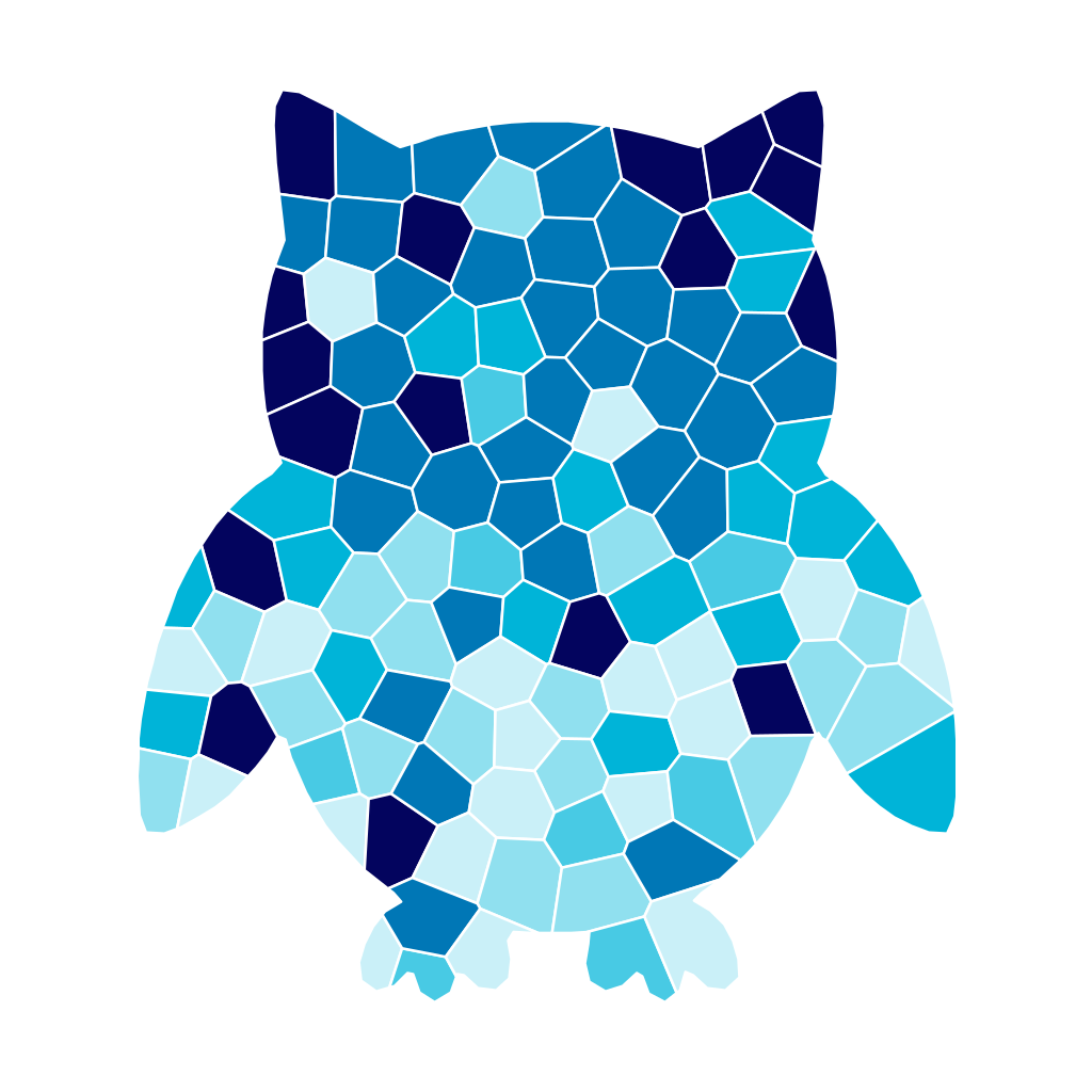 An owl silhouette split into 114 small coloured mosaic pieces in an ocean palette
