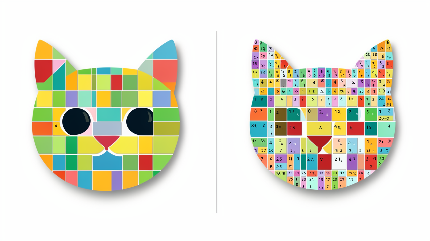 A cat face rendered twice: on the left a coarse mosaic of large tiles in eight colours, on the right a fine mosaic of hundreds of small tiles in twenty-four colours
