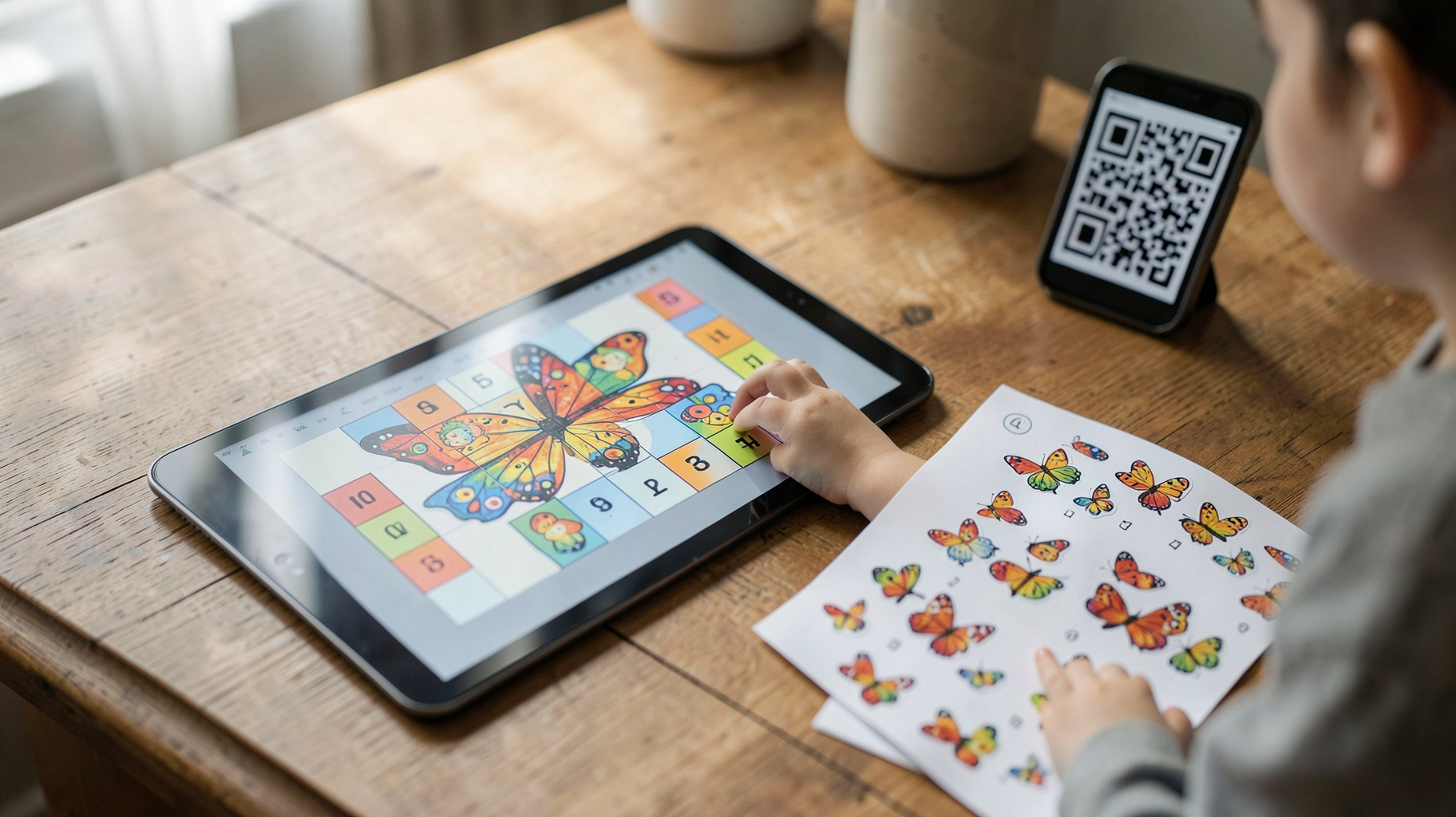 A child dragging a mosaic piece into place on a tablet at a kitchen table, beside a printed sticker sheet and a phone showing a QR code