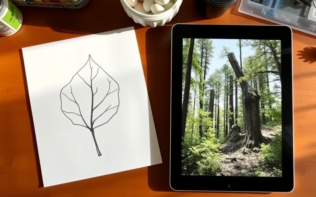 A hand-drawn leaf sketch next to a tablet showing the same leaf shape filled with a forest photo