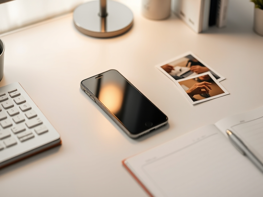 Phone, printed photos and a notebook on a desk