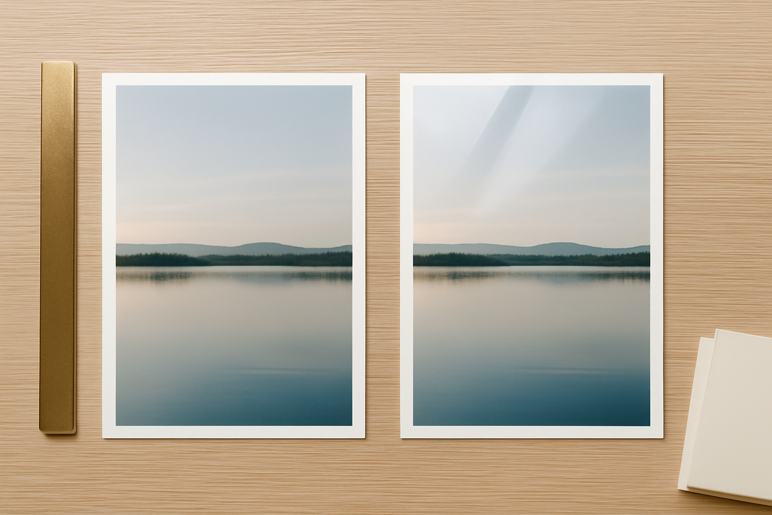 Two identical photo prints side by side on a wooden table, the left one matte and evenly lit, the right one glossy with a window reflection streaking across it