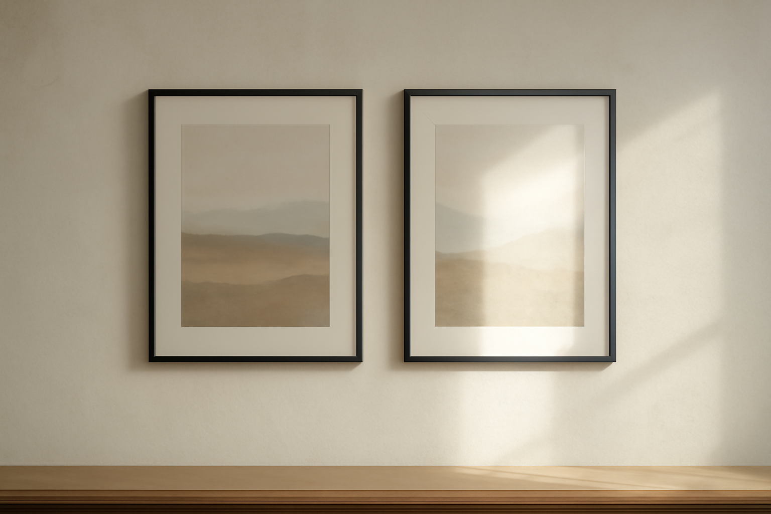 Two identical black picture frames on a pale wall, the left readable with only a faint sheen, the right washed out by a rectangular window reflection
