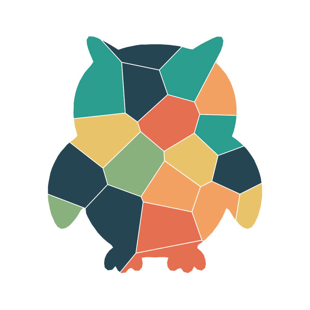 Owl mosaic sticker split into 19 colored pieces in a forest palette