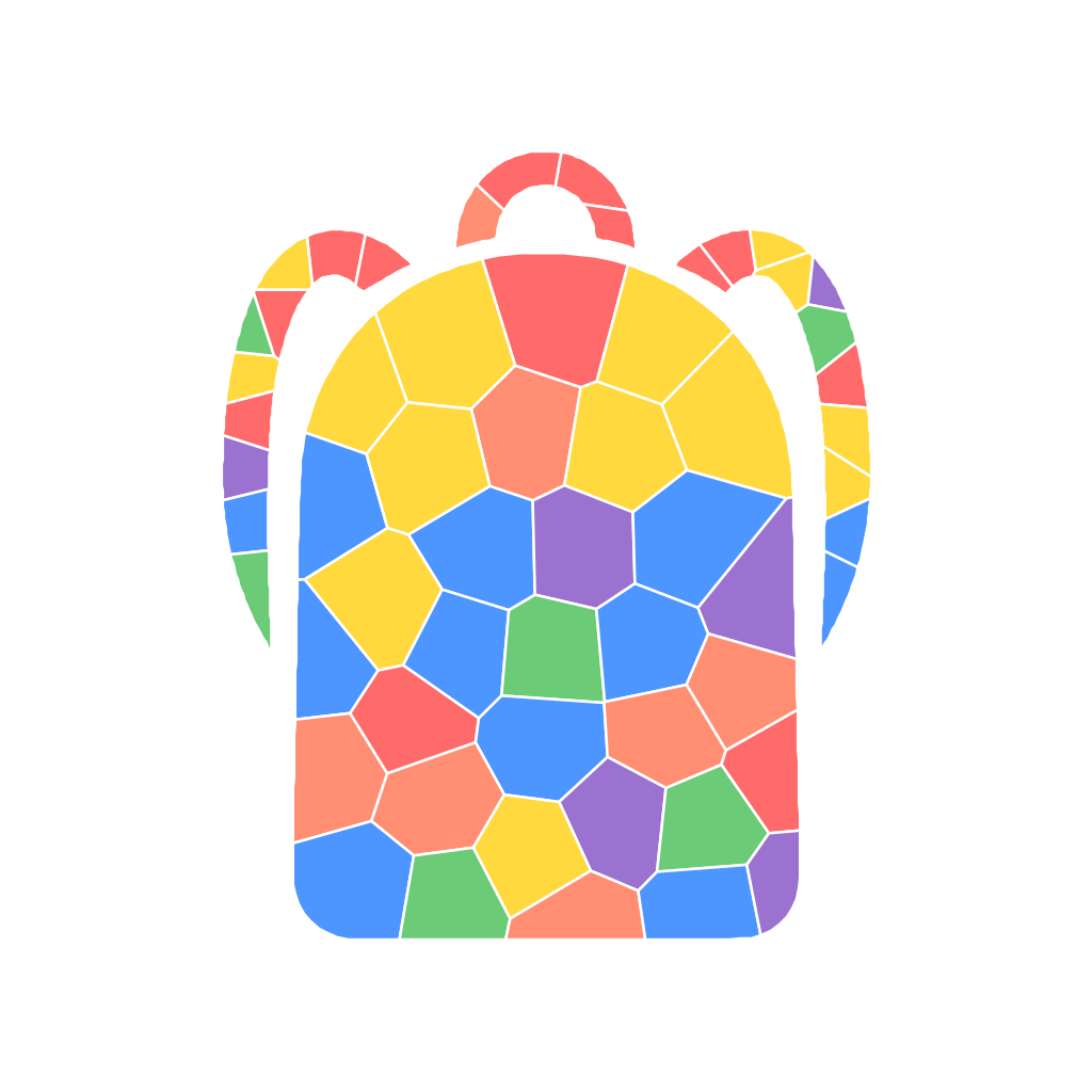 School backpack mosaic sticker made of 58 colored pieces in a vibrant palette