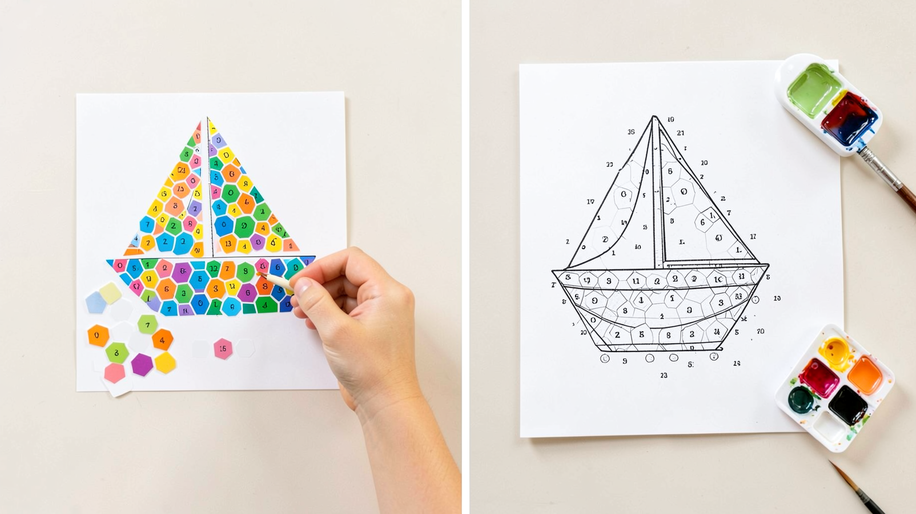 A printed sticker mosaic of a sailboat next to a paint-by-number canvas of the same sailboat with a paint palette and brush