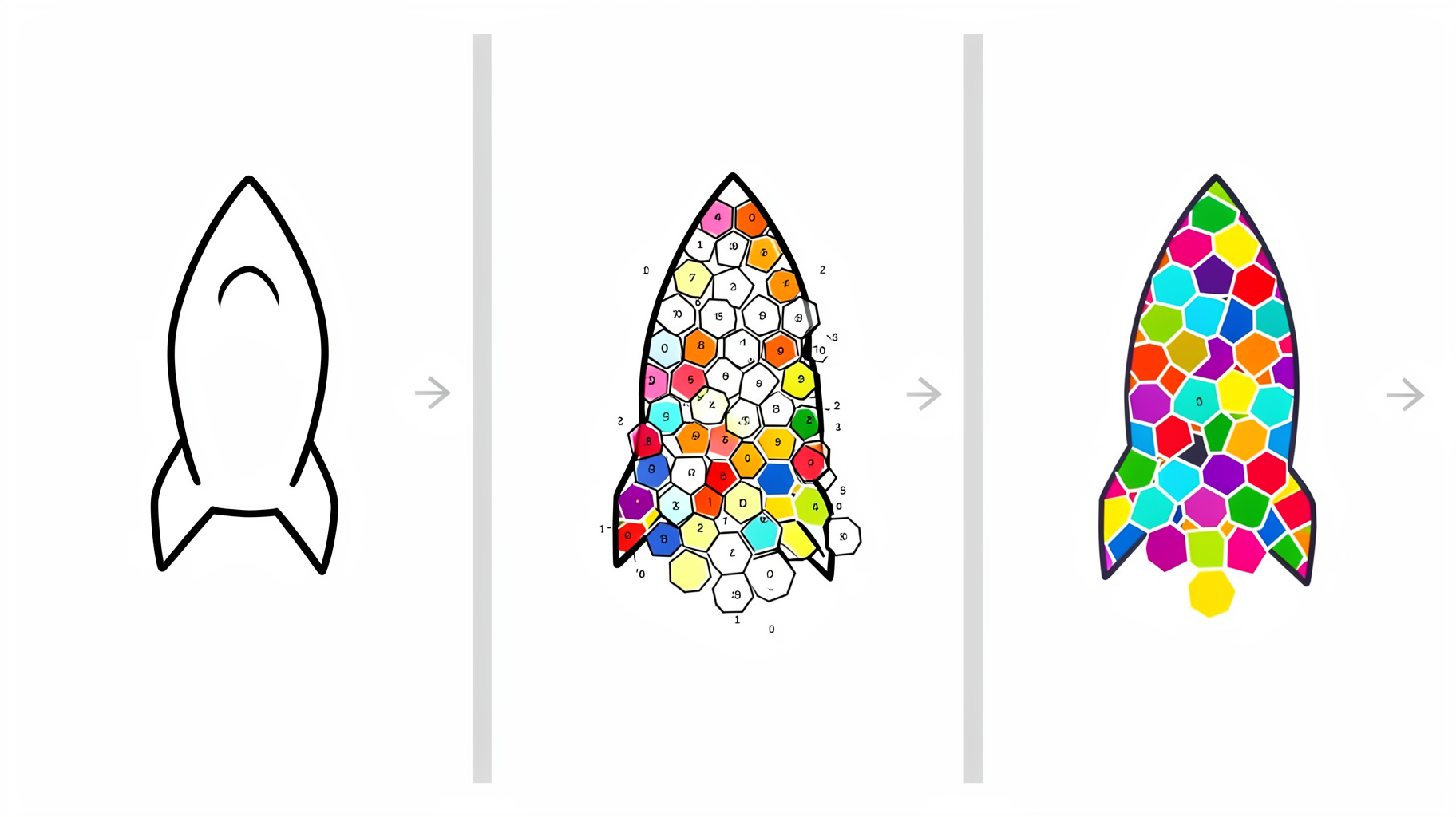 Three panels showing a rocket outline, then the same rocket split into numbered cells, then the rocket filled with coloured mosaic pieces