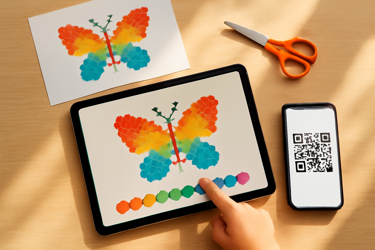 A tablet on a kitchen table showing a drag-and-drop butterfly mosaic being filled in, a phone displaying a QR code, and a printed copy of the same mosaic