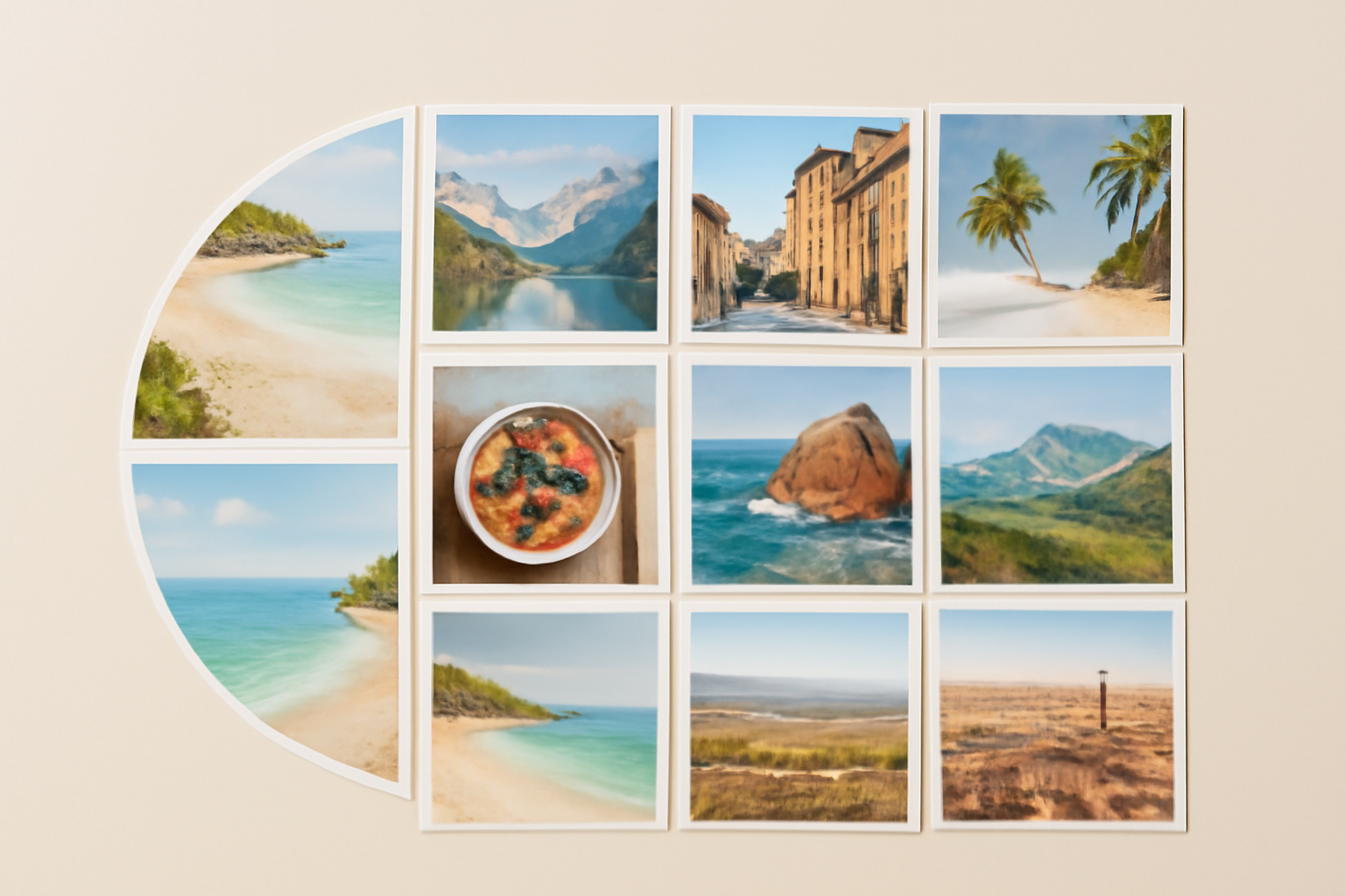 A photo collage with an arc frame and a grid of scenic photos on a cream background