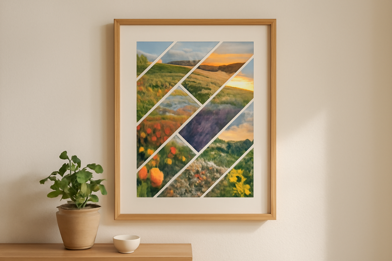 A framed diagonal-strip photo collage of flowers and landscapes hanging above a shelf with a plant