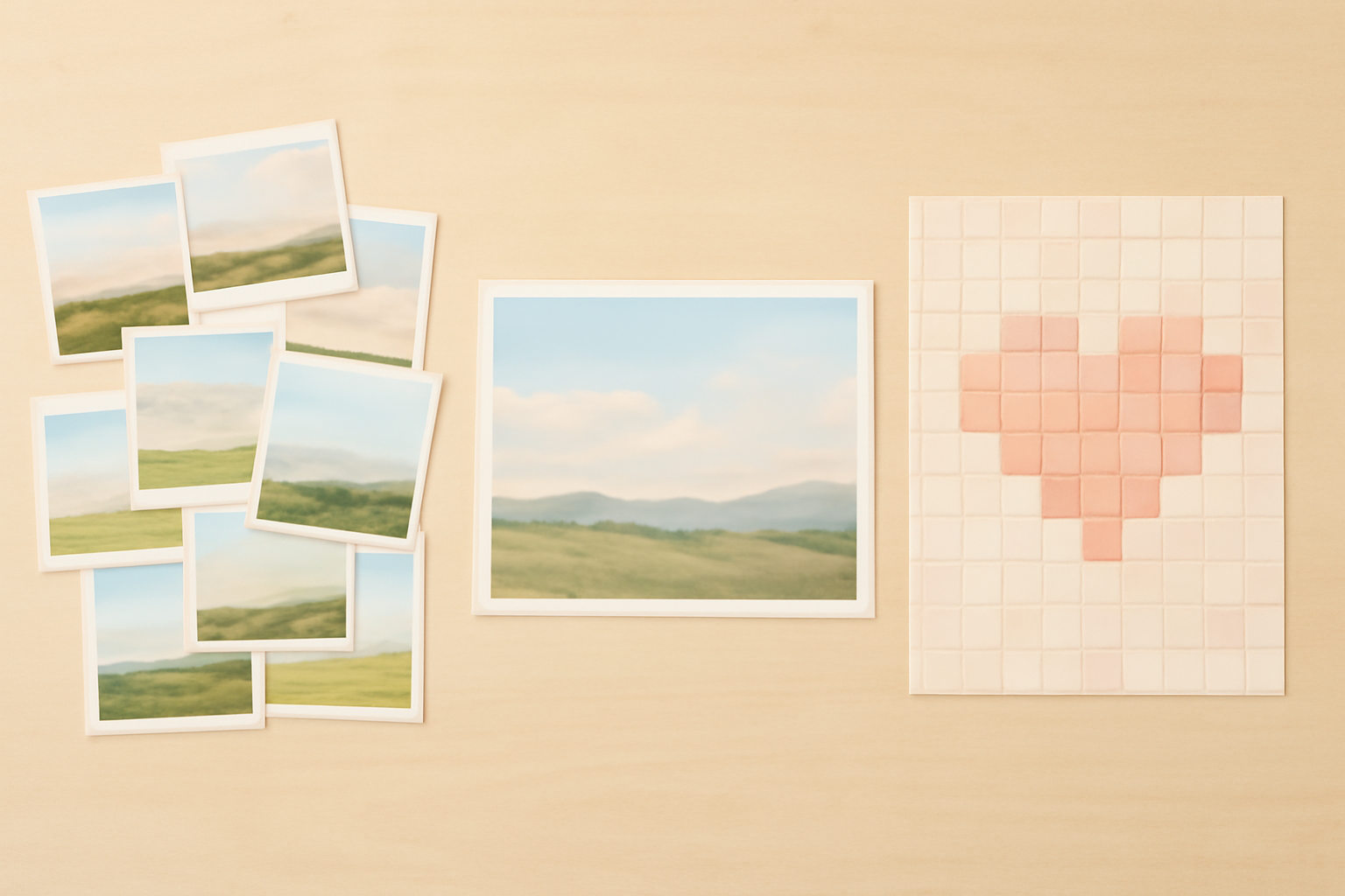 Three print layouts on a desk: loose overlapping collage prints, one blended montage panorama, and a heart made of square tiles