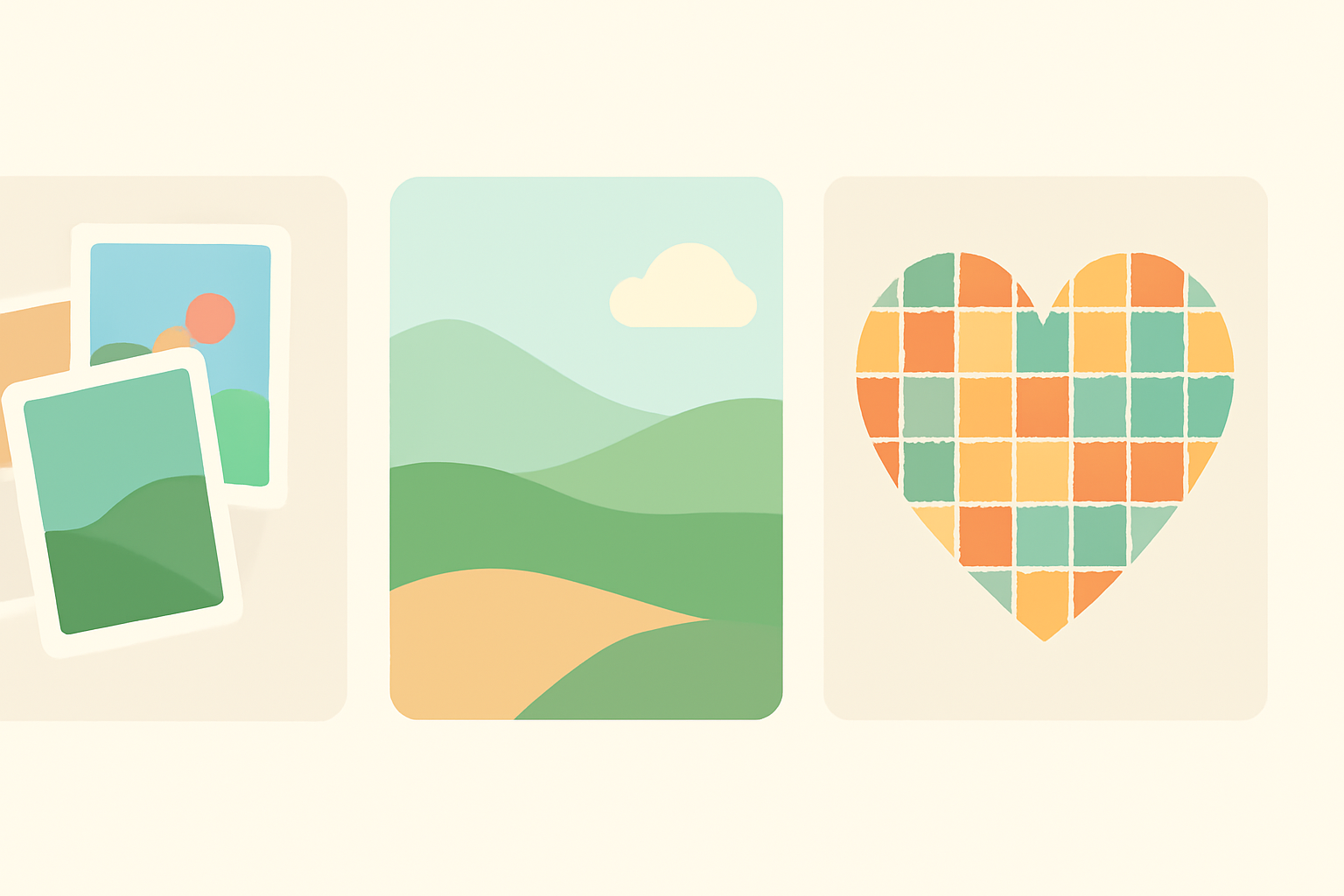 Infographic: overlapping cards for collage, one blended landscape for montage, a heart of colored tiles for mosaic