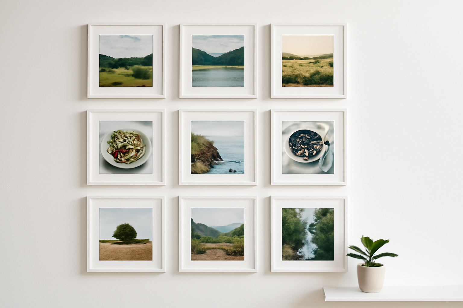 A 3 by 4 style grid of equal square framed pictures on a white wall with even gaps