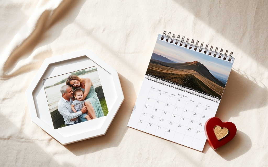 Personalised photo gifts — a hexagon photo print, a desk photo calendar and a heart keepsake