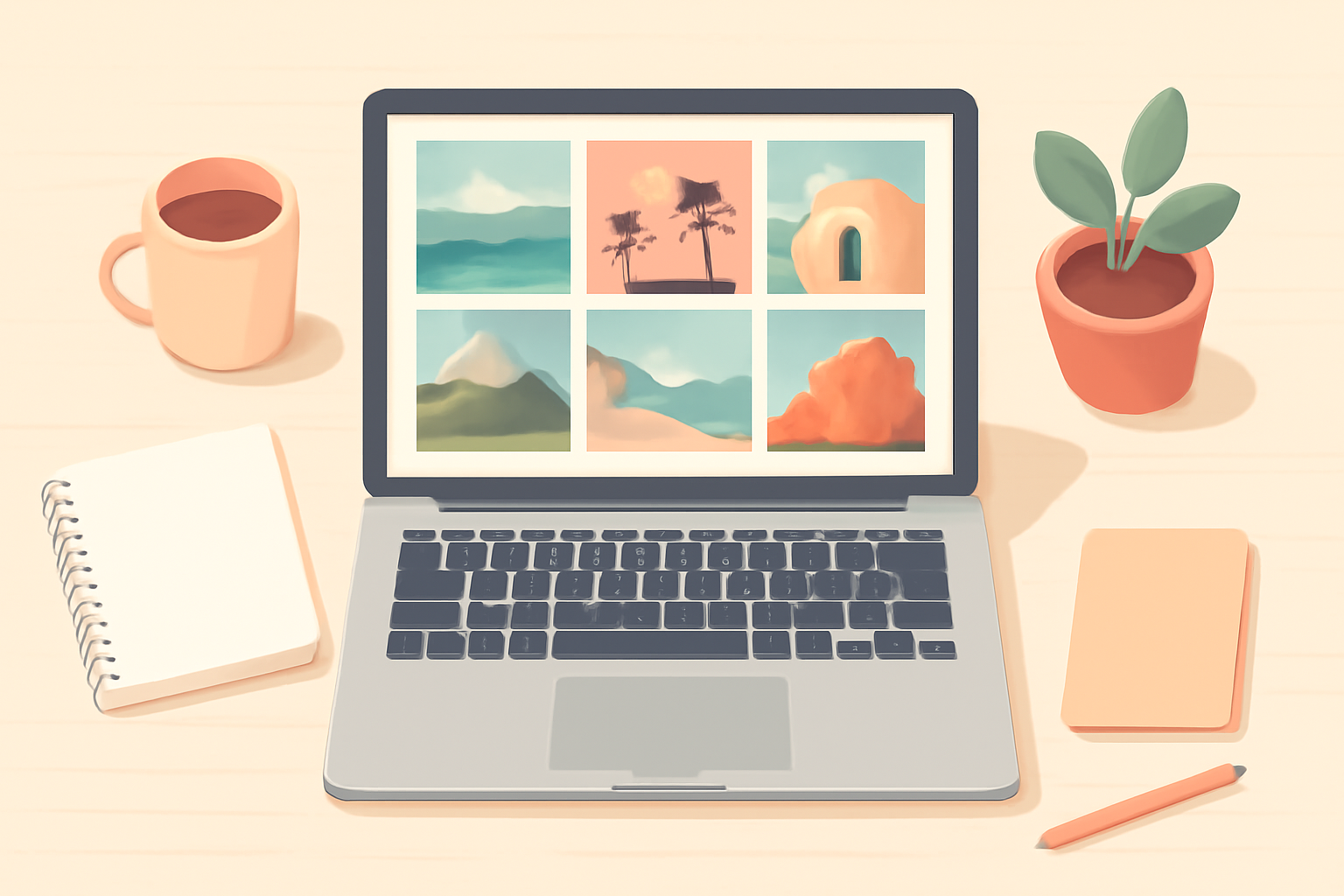 A laptop showing a tidy photo grid