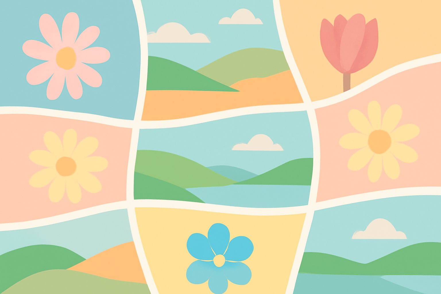 A wavy photo grid collage with curved dividing lines