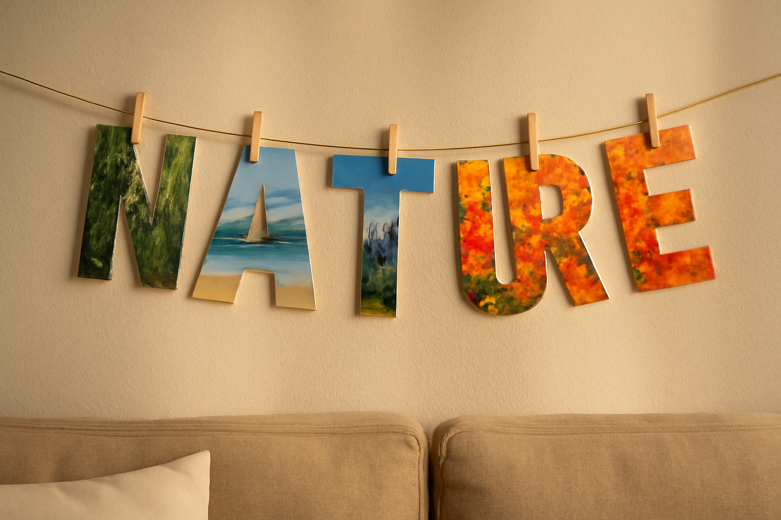 A hanging banner spelling NATURE, each letter filled with a different landscape photo