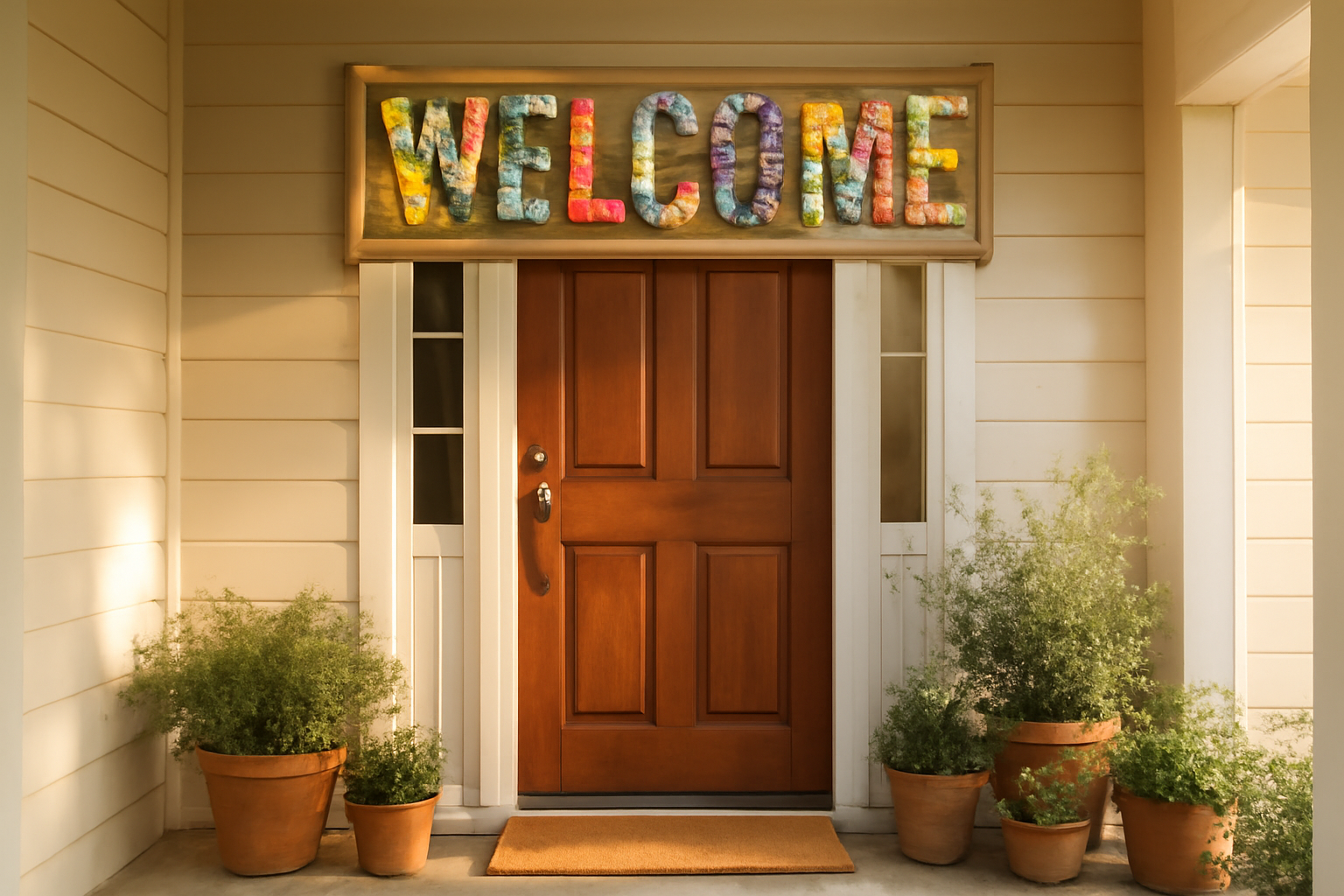 A front porch with a WELCOME sign above the door, letters filled with colorful textures